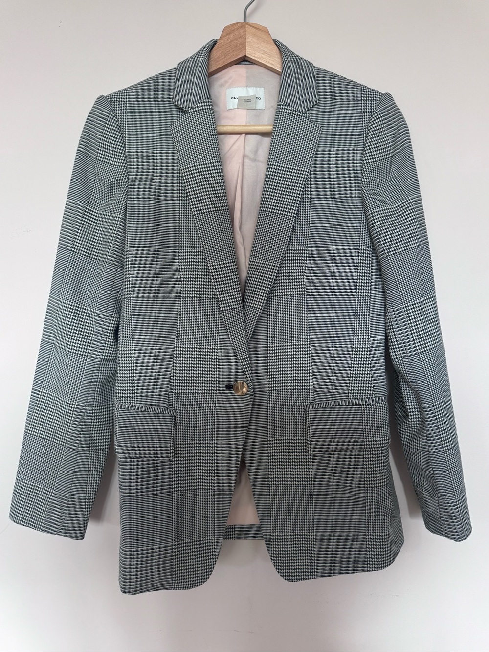 Club Monaco Plaid Single-Button Blazer in Black & White Pink Lining Office